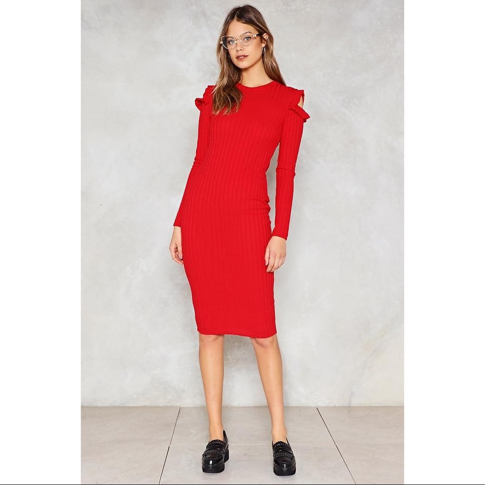Red Ribbed Bodycon Cold Shoulder Ruffle Dress